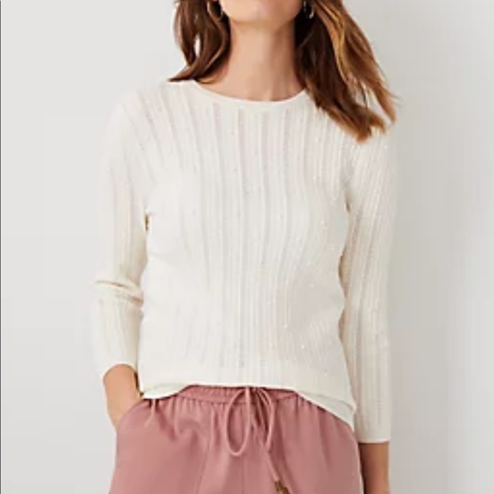 Ribbed Pointelle Sweater In Winter White Size XS